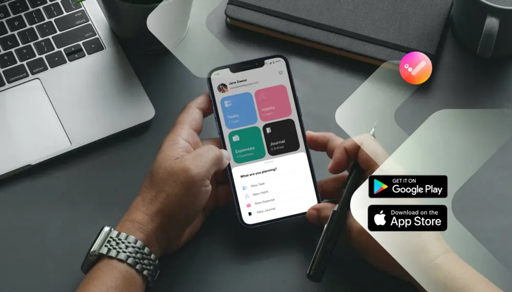 Life Planner’s task, habit, expense and journal dashboard displayed on a phone